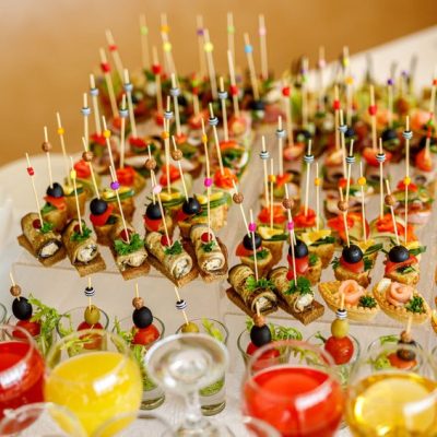 Snack table ready for event. Food and drink catering
